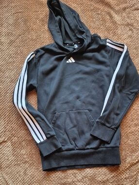 adidas Youth Black Hoodie with White Sleeve Stripes